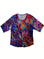  Floral & Bird Print 3/4 Sleeve Blouse