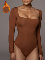 Square Neck Low Cut Long Sleeve Bodysuit Thin Fleece Warm Fitness Jumpsuit