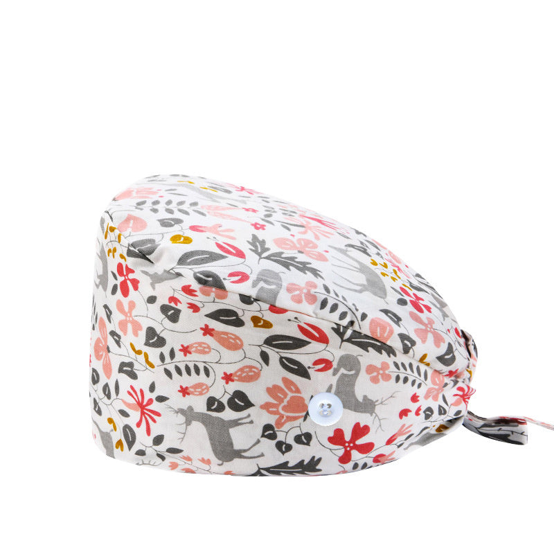 Cartoon Print Work Hat Adjustable Nurse Hat With Buttons Elastic Scrub Cap