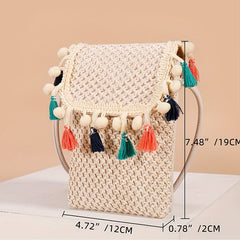 Straw Crossbody Bag with Colorful Tassel Decor