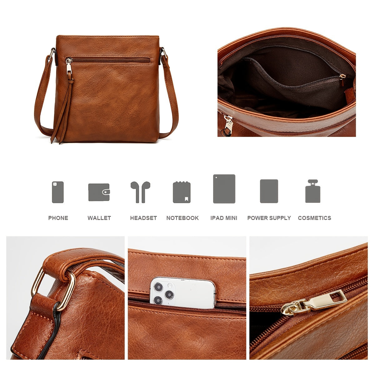 Vintage PU Crossbody Bag Retro Shoulder Phone Bag Women's Casual Grunge Handbag