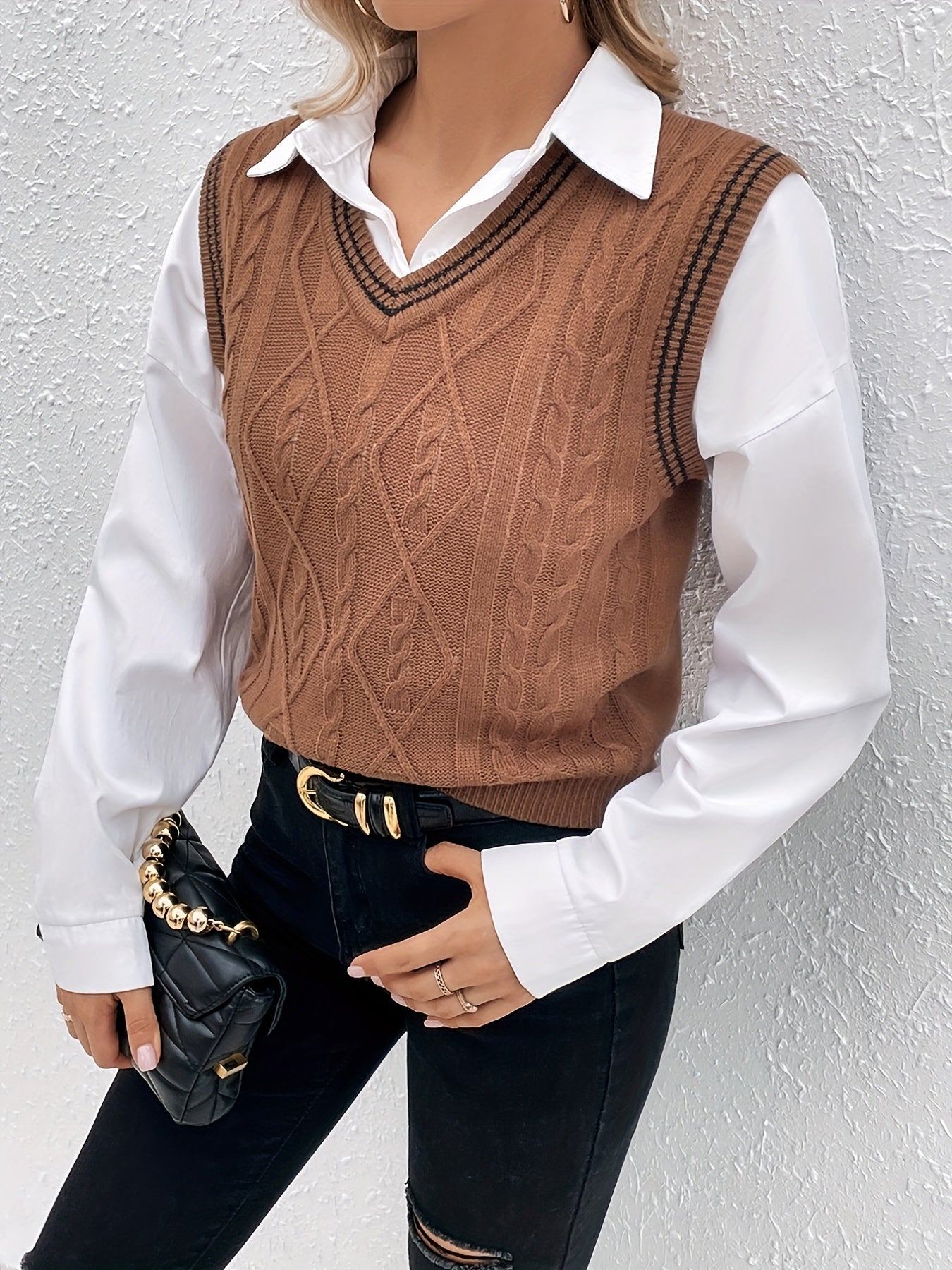 Sleeveless V Neck Sweater Vest with Contrast Trim
