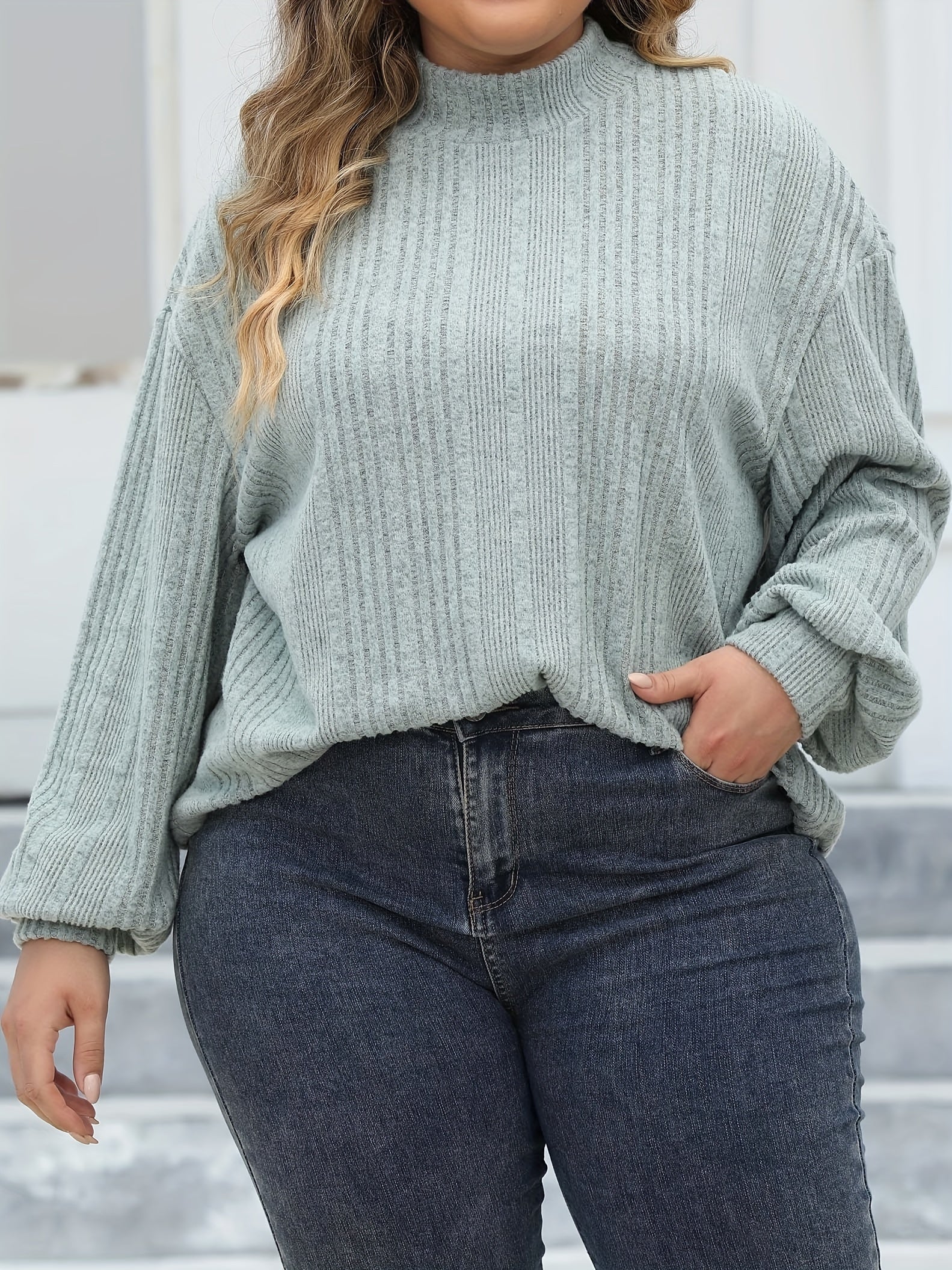  Casual Knit Top Solid Lantern Sleeve Round Neck Jumper