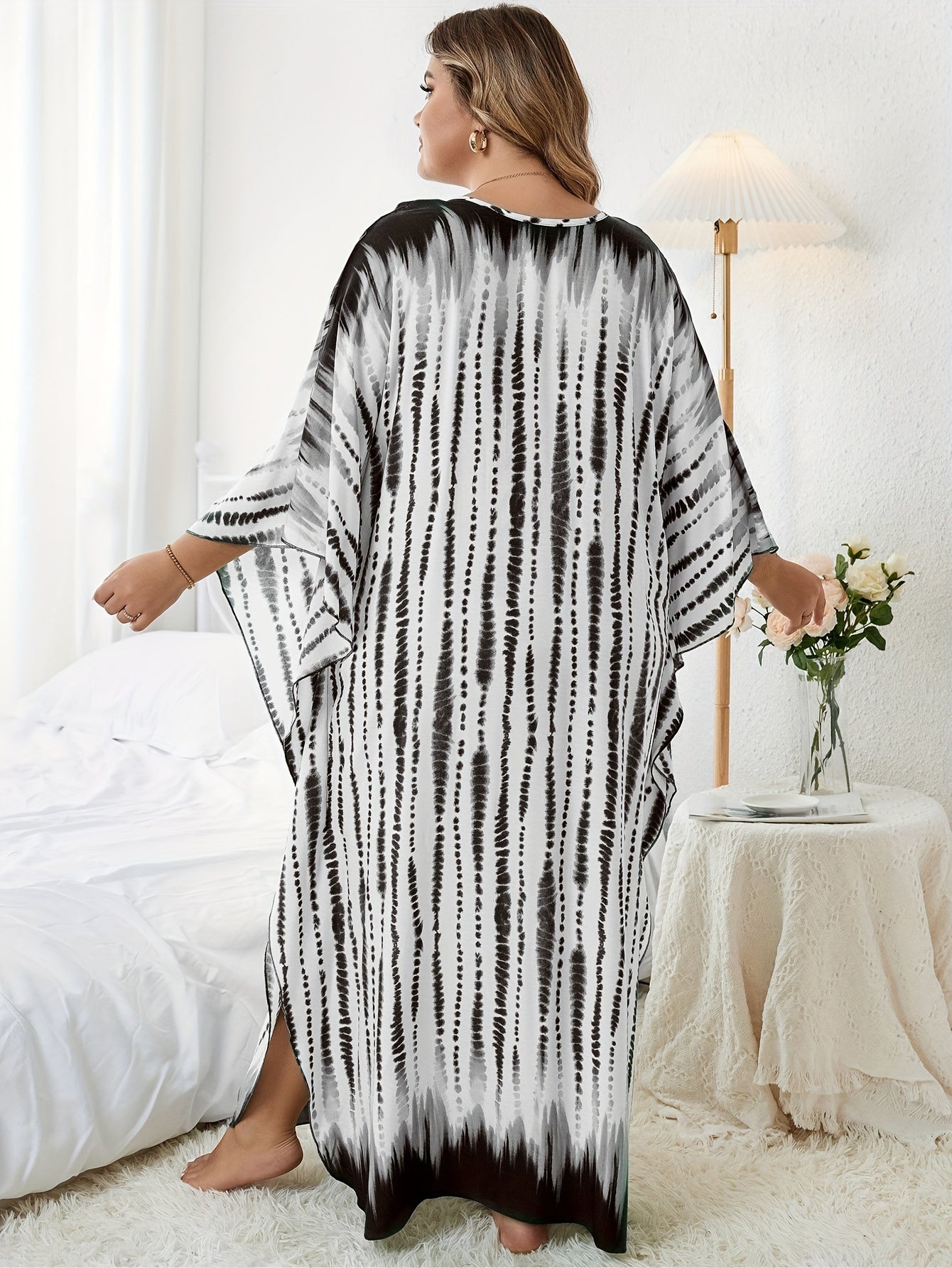  Tie Dye Striped Batwing Sleeve Maxi Cover Up Dress