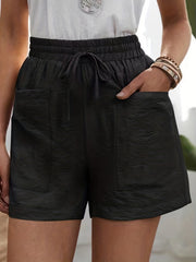 Drawstring Patched Pocket Casual Shorts High Waist Loose Summer Wide Leg Shorts