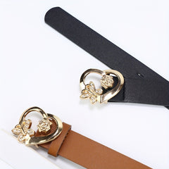 Rose Butterfly Heart Buckle Belt Classic Solid PU Leather Belt For Women