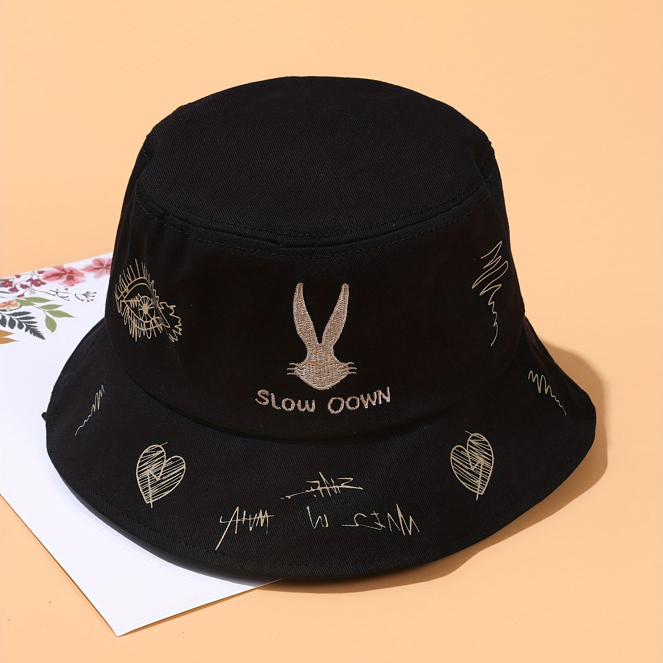 Rabbit Embroidered Bucket Hat - Sunshade Fisherman Cap for Women