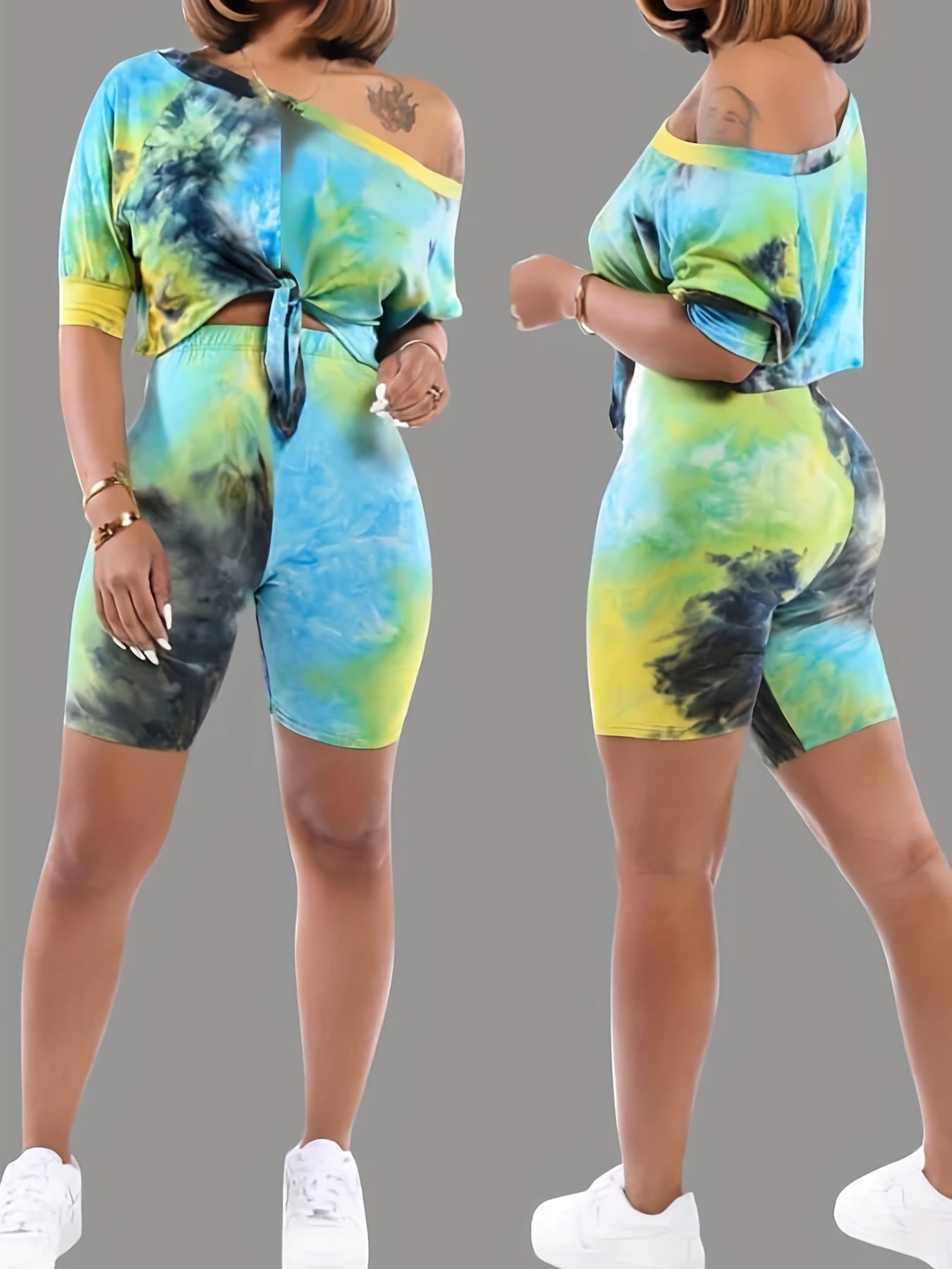  Tie Dye One Shoulder Top & Shorts Set