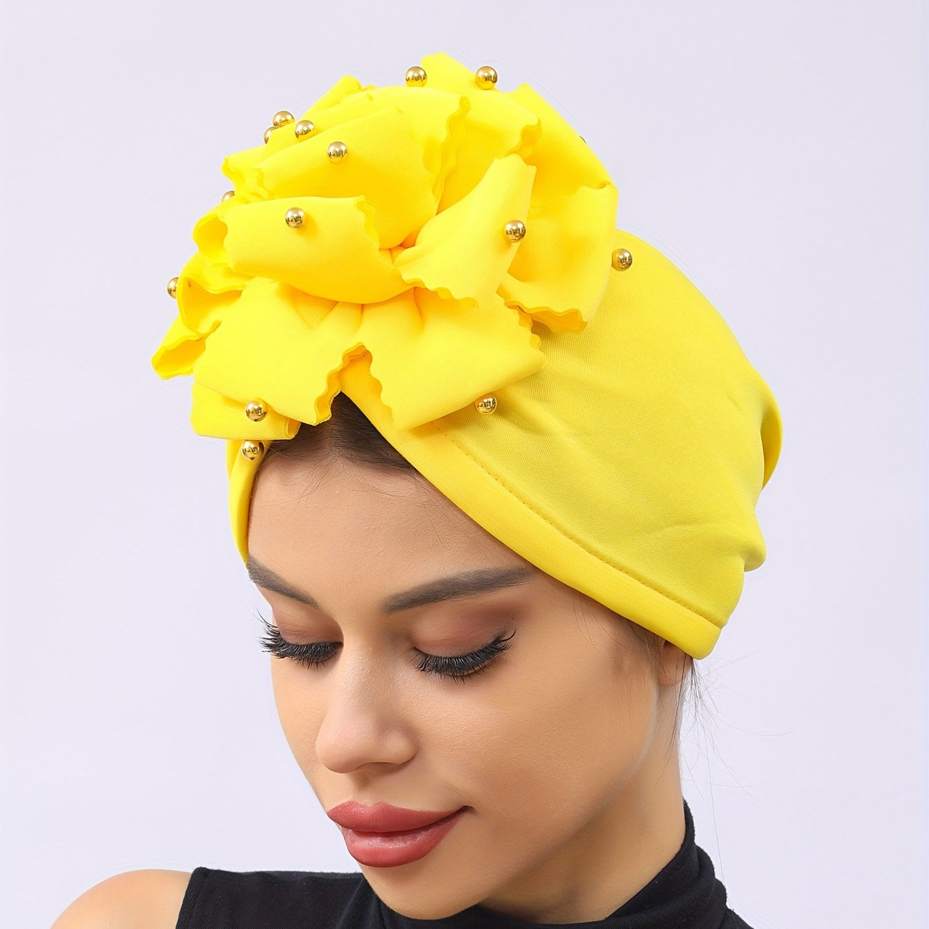 Yellow Flower Turban Cap Casual Head Wrap Breathable Hijab Elastic Chemo Cap
