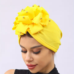 Yellow Flower Turban Cap Casual Head Wrap Breathable Hijab Elastic Chemo Cap