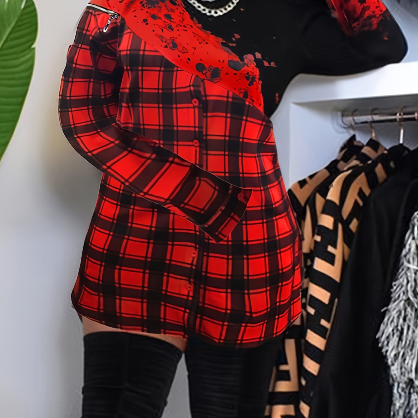 Colorblock Plaid & Splash Print Mini Dress