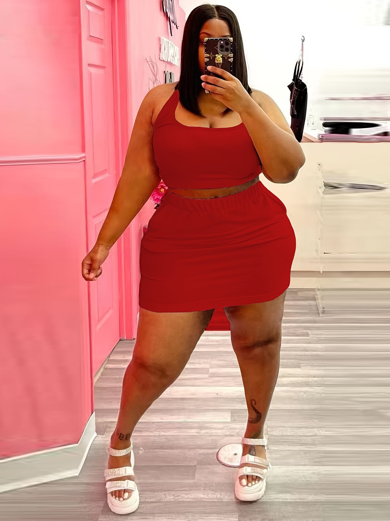  Solid Halter Neck Cami Top & Mini Skirt Set