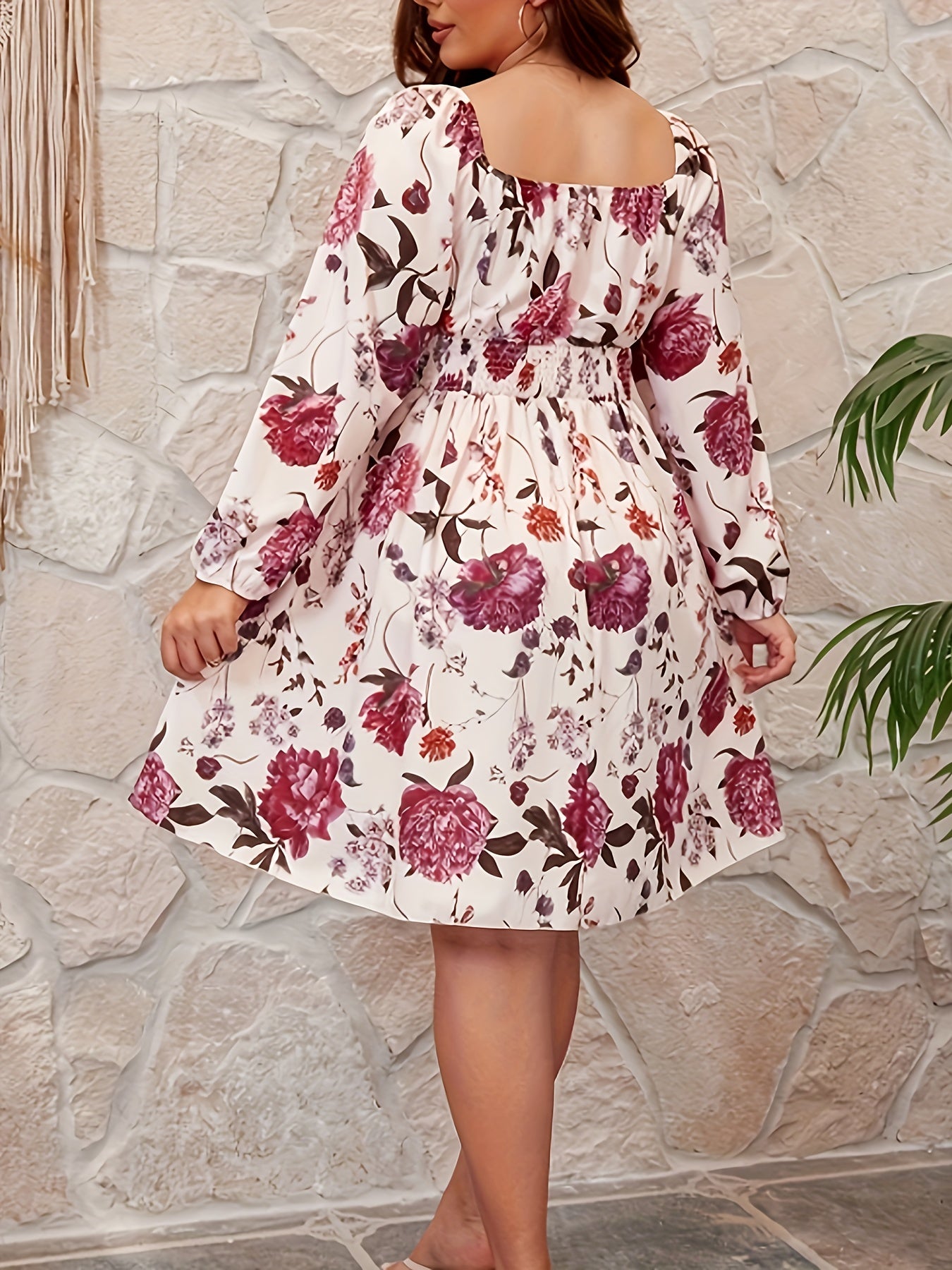  Boho Floral Print Lantern Sleeve Dress