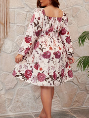  Boho Floral Print Lantern Sleeve Dress