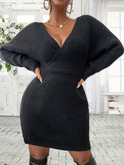  Solid Ribbed Surplice Neck Bat Sleeve Mini Dress