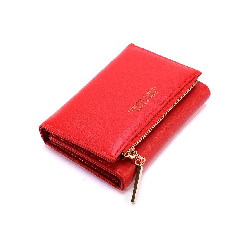 Solid Trifold Faux Leather Coin Purse Zipper Wallet