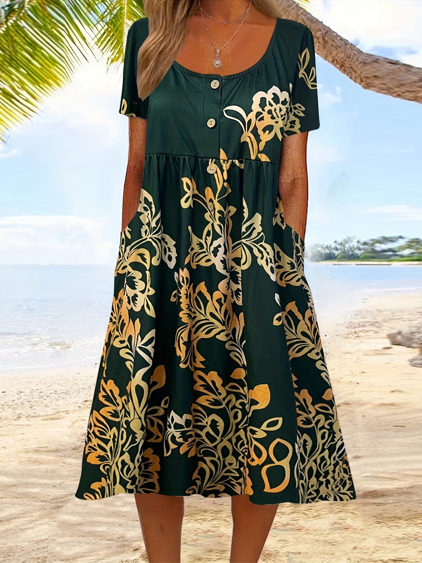  Women's Floral Print Round Neck Dress With Pockets