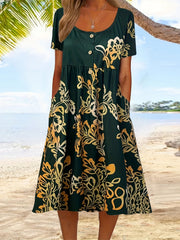  Women's Floral Print Round Neck Dress With Pockets