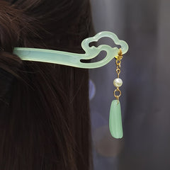 Vintage Chinese Hanfu Flower Tassel Hair Pin Acetate Jade Hairpin