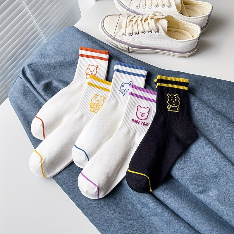5 Pairs Cartoon Bear Print Socks & Striped Crew Socks Women's Stockings