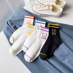 5 Pairs Cartoon Bear Print Socks & Striped Crew Socks Women's Stockings