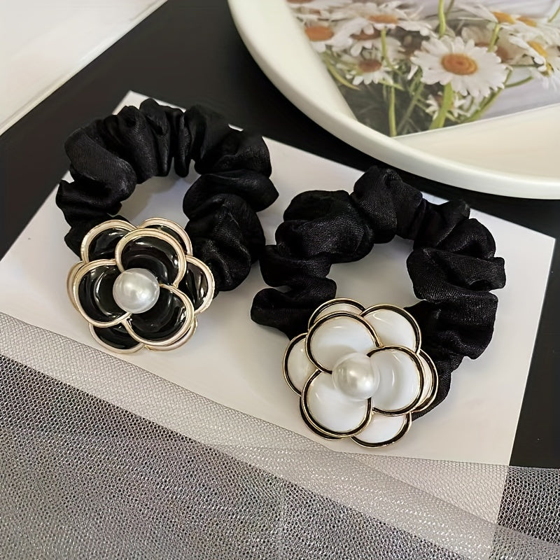 2pcs Camellia Hair Tie Velvet Scrunchies Flower Hair Ring Style Ponytail Holder