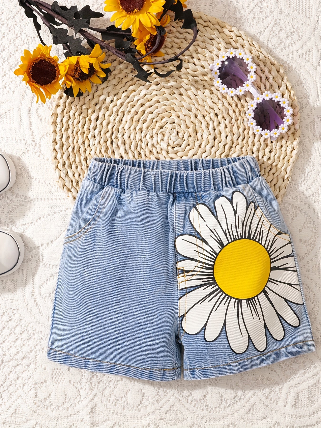 Baby's Sunflower Print Denim Shorts With Pockets