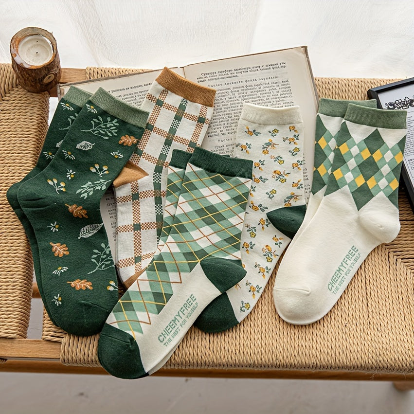 5 Pairs Retro Floral & Plaid Mid Tube Socks Women's Stockings