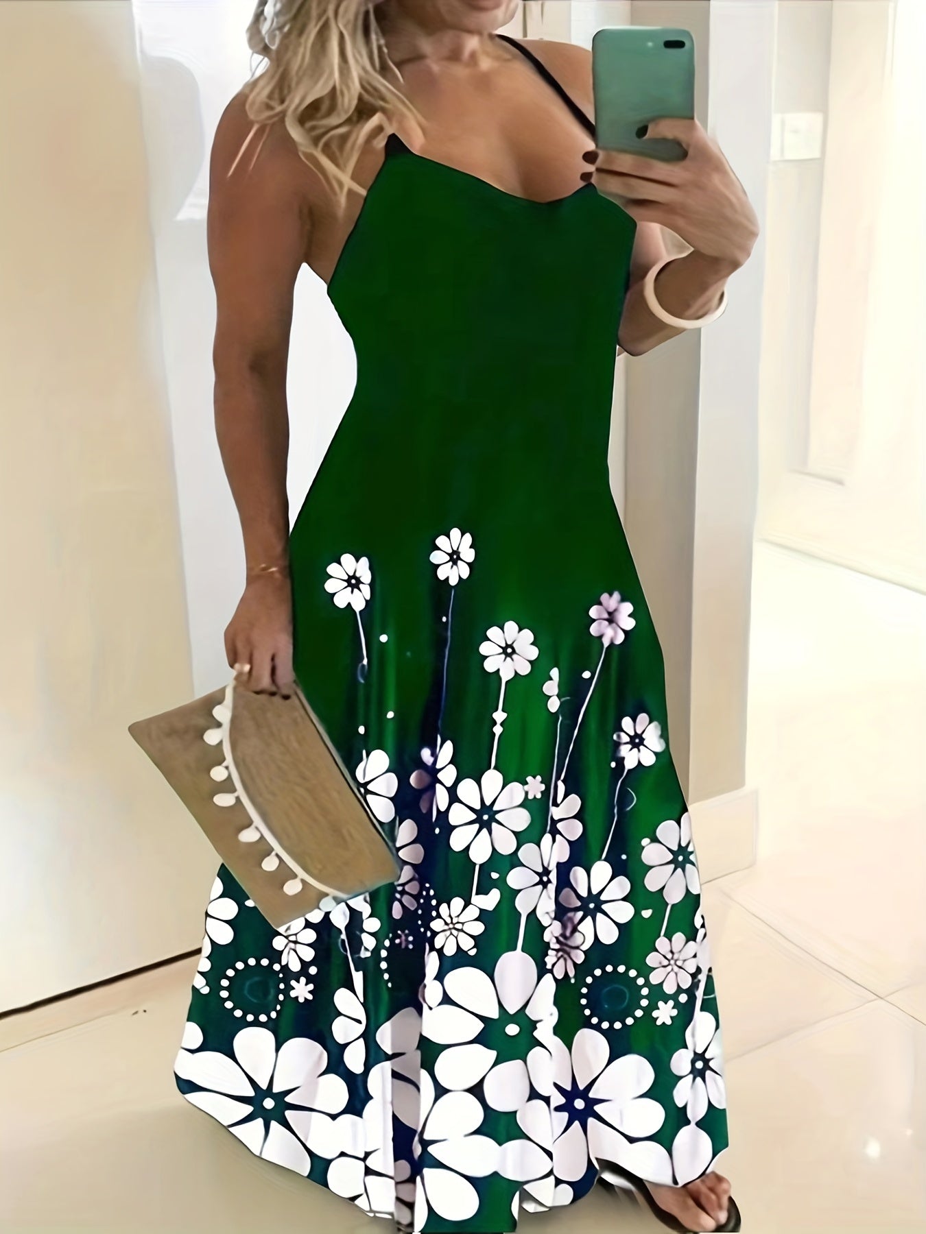  Floral Print V Neck Maxi Cami Dress