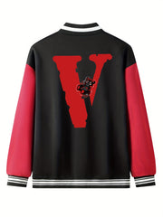 V Letter Print Bear With A Broken Heart Graphic Baseball Jacket