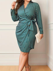  Polka Dot Long Sleeve Belted Dress