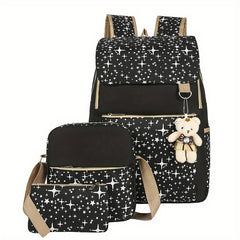 3-Pc Preppy Star Pattern Bag Set: Backpack, Crossbody Bag & Clutch Pouch
