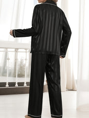 Striped Satin Pajama Set Long Sleeve Buttons Top & Elastic Waistband Pants