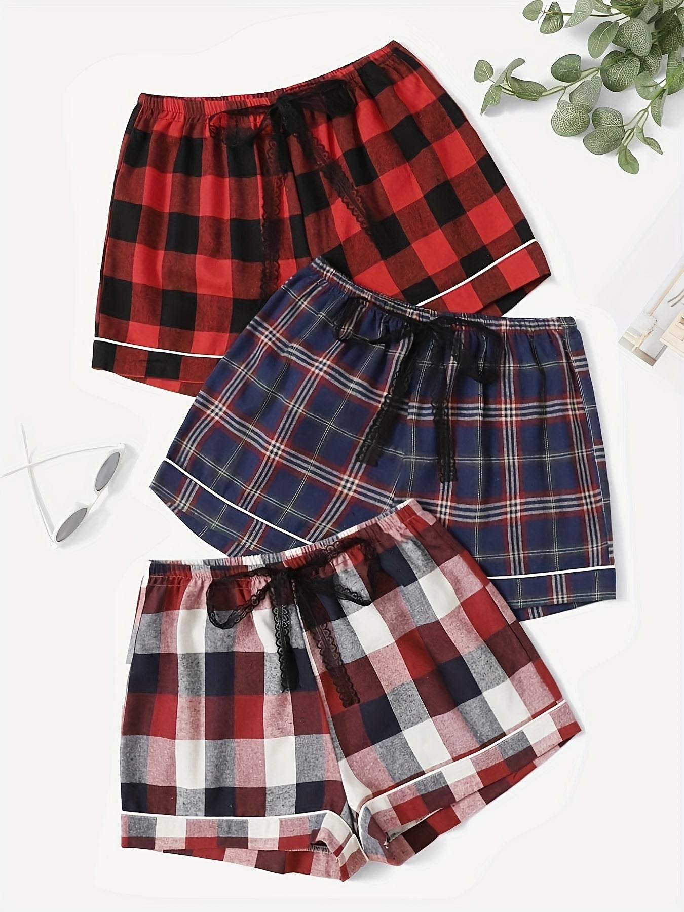 3-Pack Women's Red Plaid Tie Front Sleep Shorts