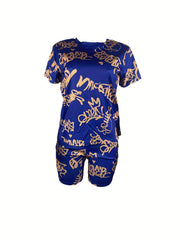 Queen Letter Print 2pc Set Casual Short Sleeve T shirt & Shorts Outfit Women's