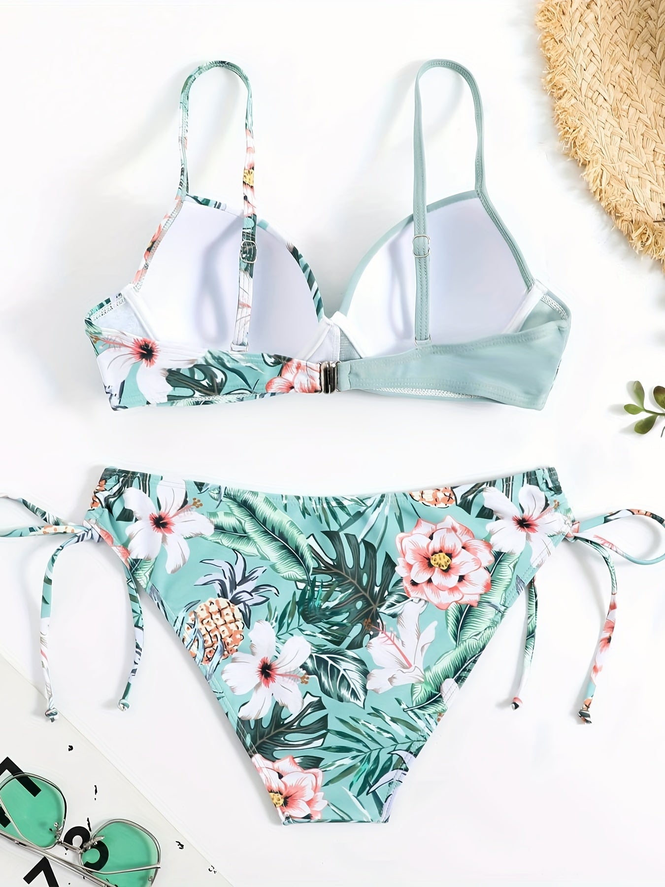 Tropical Print V Neck Bikini Set Ruched Spaghetti Straps Tie Side Swimsuit