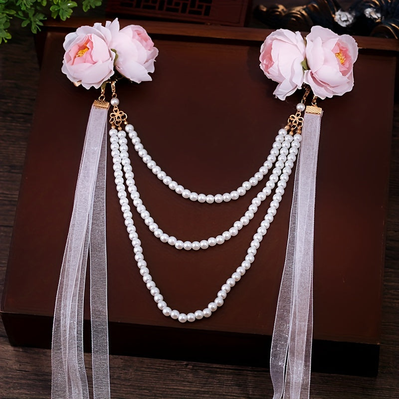 Chinese Style Flower Hair Clip With Faux Pearl Beaded Chain