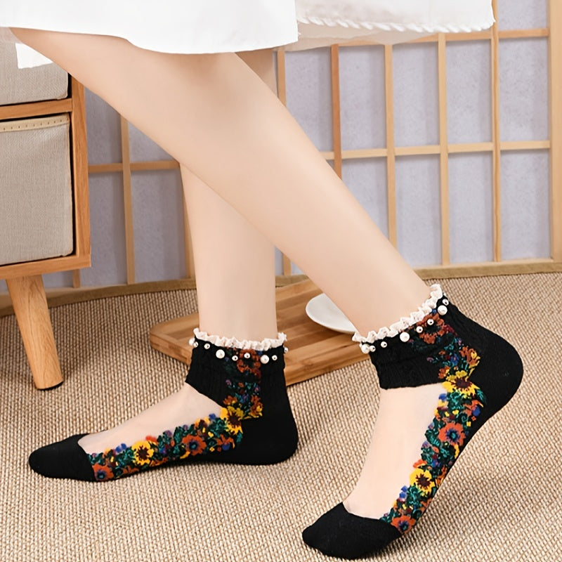 Faux Pearl Lace Trim Ankle Socks Soft Women's Stockings
