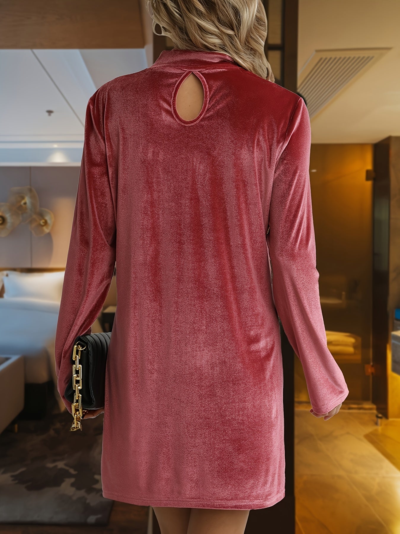 Velvet Long Sleeve High Neck Mini Dress for Plus Size