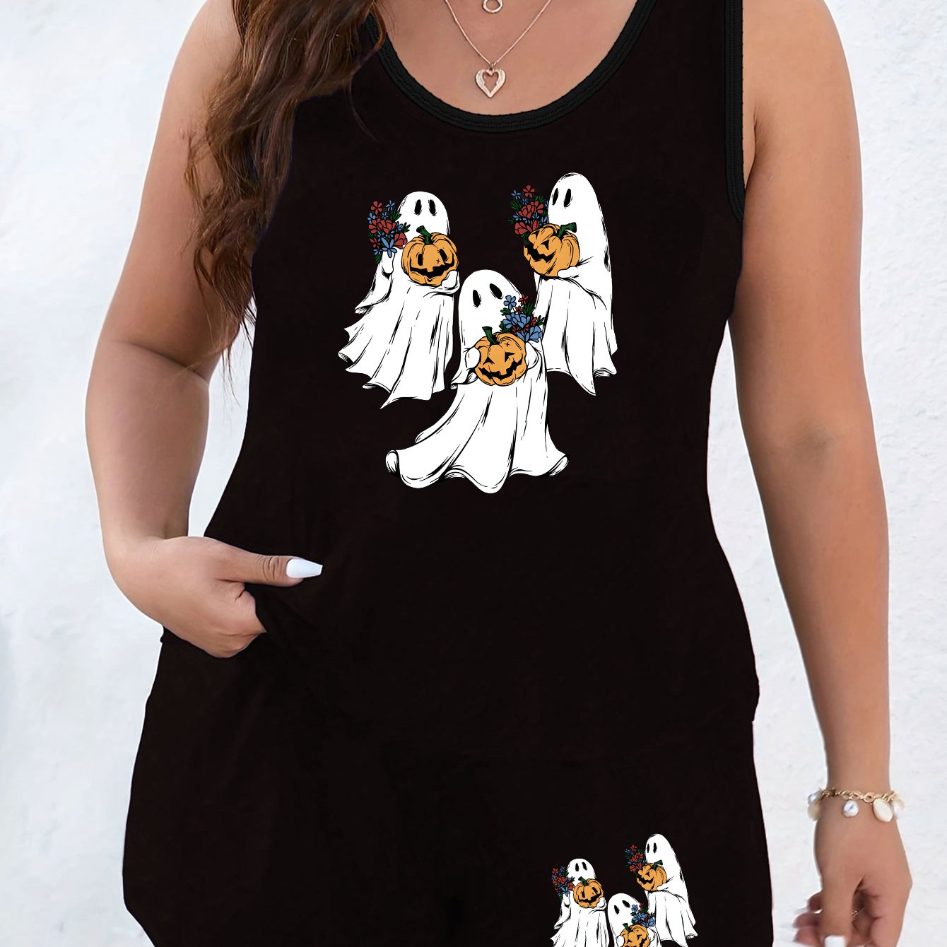  Halloween Lounge Set Ghost & Pumpkin Print Tank Top & Shorts