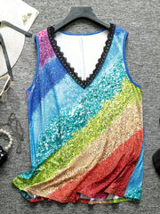 Women's Plus Colorblock Sequin Print Contrast Lace V Neck Tank Top