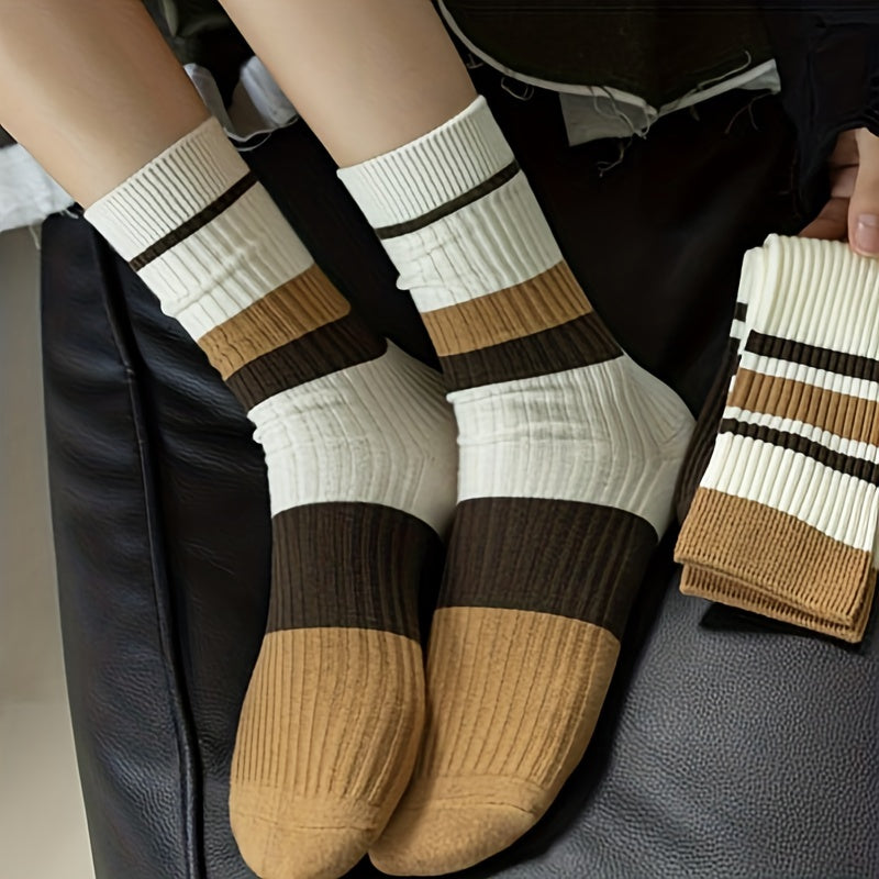 5 Pairs Striped Colorblock Socks Embroidery Crew Socks Women's Stockings