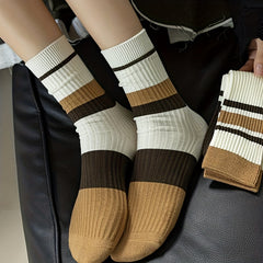 5 Pairs Striped Colorblock Socks Embroidery Crew Socks Women's Stockings