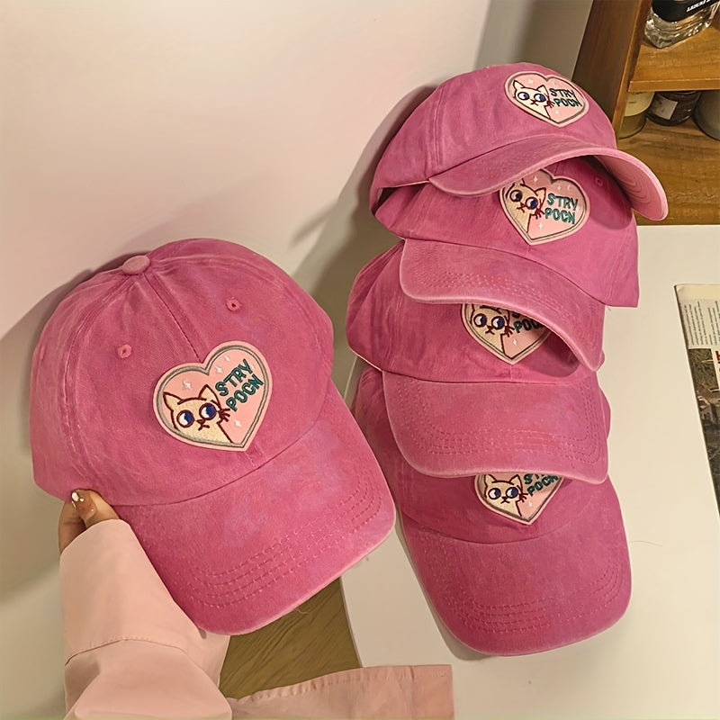 Embroidered Cartoon Cat Pink Heart Label Patch Sun Hat