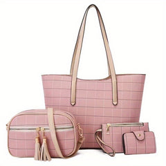 4Pcs Grid Pattern Tote Bag Set with Tassel Crossbody Bag