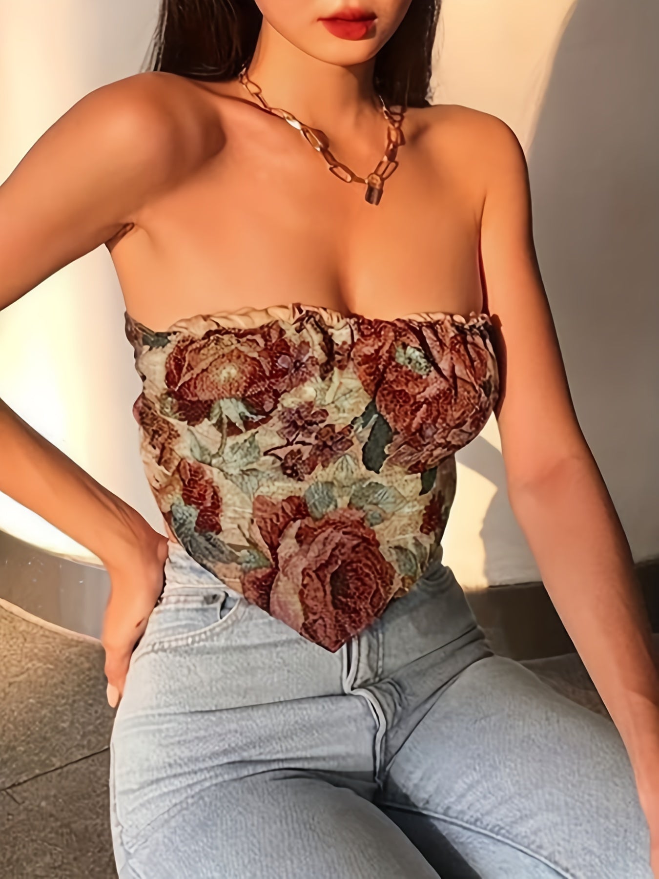Floral Print Tube Top Backless Strapless Top