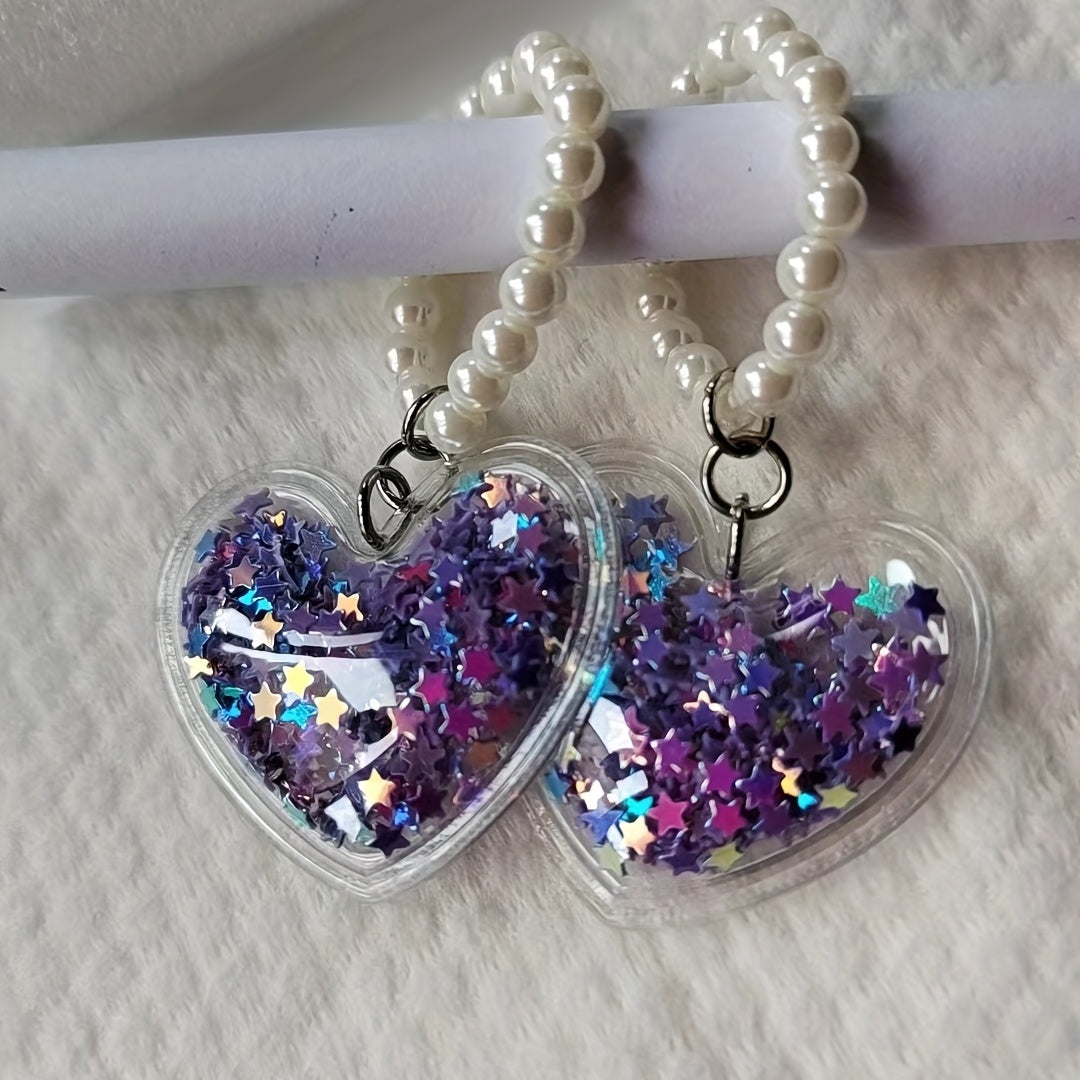 Heart Shape & Five star Quicksand Pendant With Beaded Chain