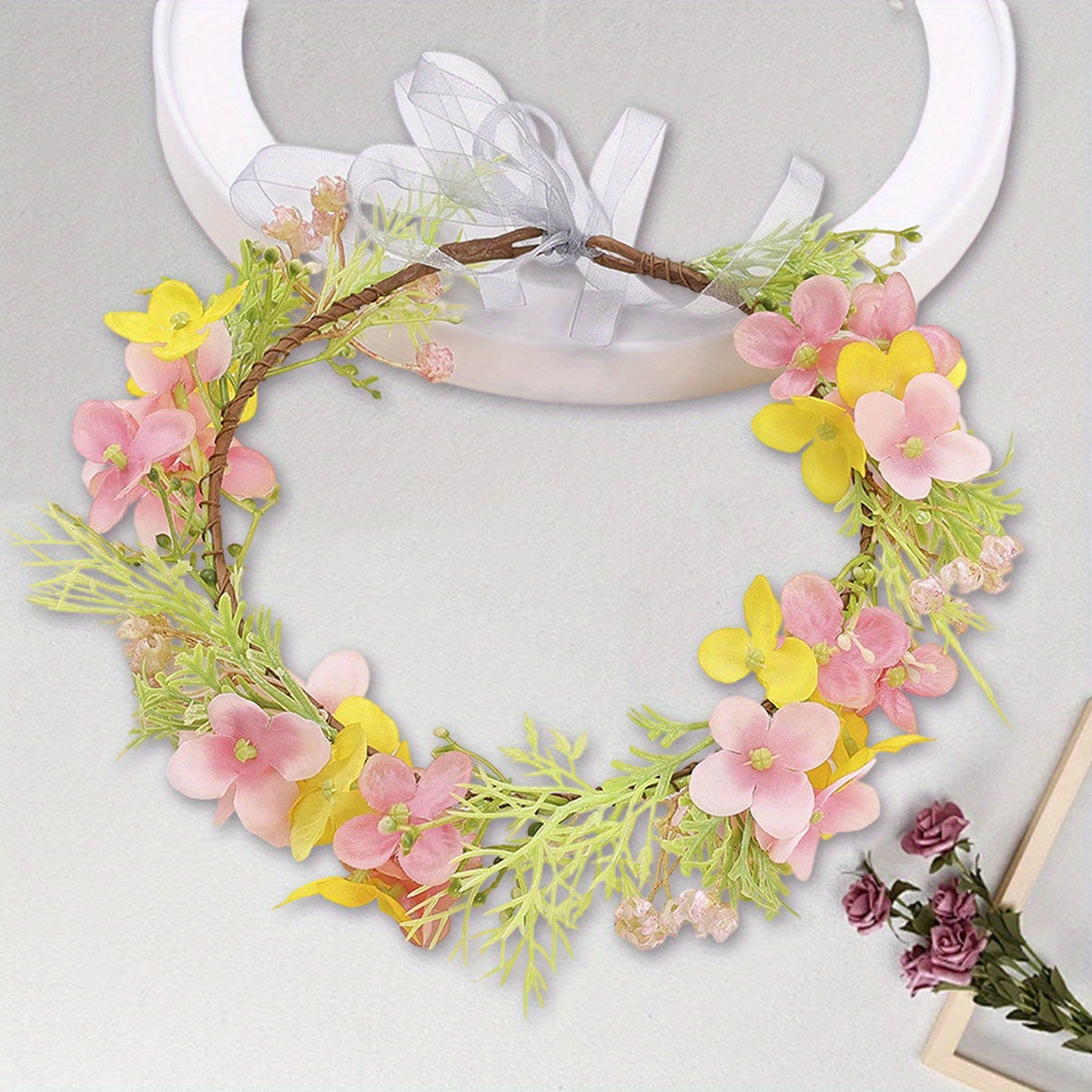 Floral Crown Headband Artificial Rattan Leaf Hair Wreath with Ribbon