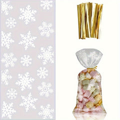 50 Snowflake Candy Bags with 100 Golden Twisted Ties for Party Supplies