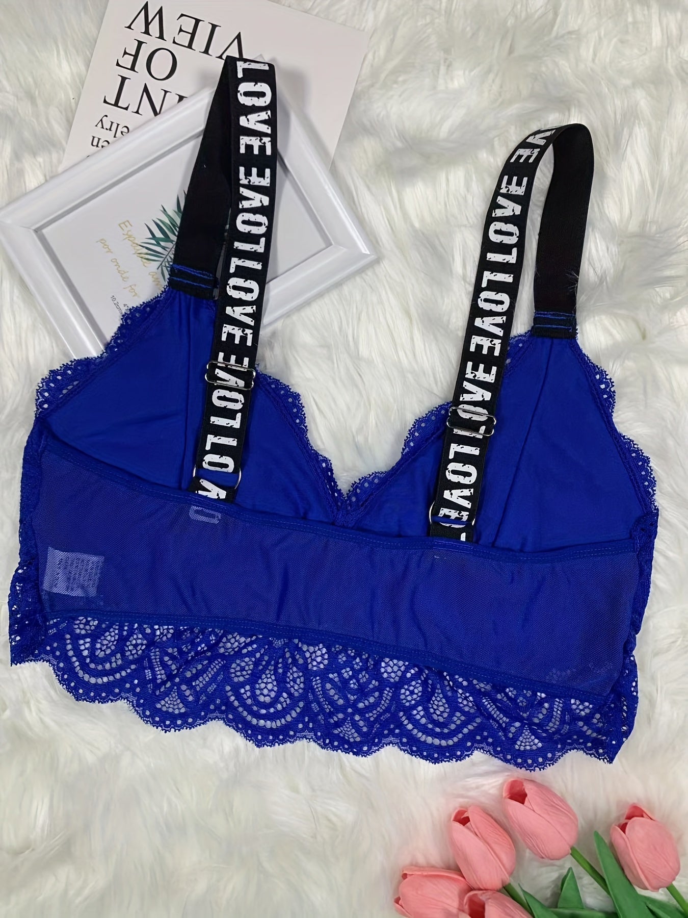 Plus Size Sexy Bra Women's Plus Letter Tape Floral Lace Wireless Bralette